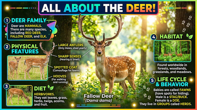Educational Fallow Deer Infographic - Facts, Habitat and Anatomy of Dama dama
