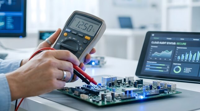 Professional technician measuring voltage on electronic circuit board using digital multimeter in laboratory