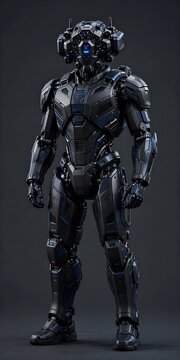 Futuristic military tactical robot soldier in heavy armor with multi-camera helmet, dark blue cybernetic warrior visual, 3d render isolated on dark background