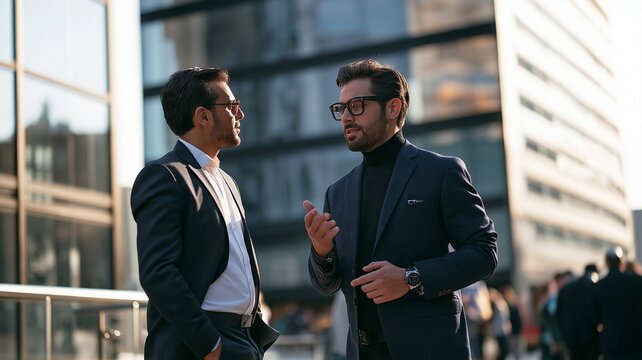 Hispanic Latin American Business Owners Have a Serious Discussion Corporate Meeting Outside in a Contemporary City