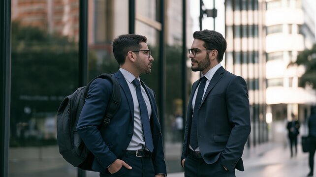 Hispanic Latin American Business Owners Have a Serious Discussion Corporate Meeting Outside in a Contemporary City