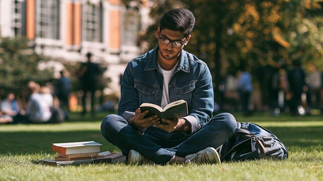 A student from India is reading literature on a university campus.