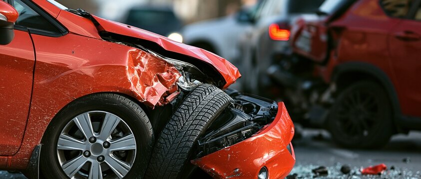 A heavily damaged car with a crushed front end and shattered components stands after a road collision