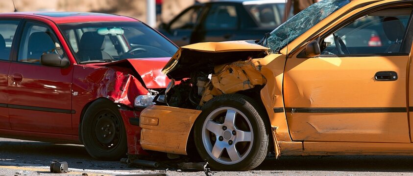A heavily damaged car with a crushed front end and shattered components stands after a road collision