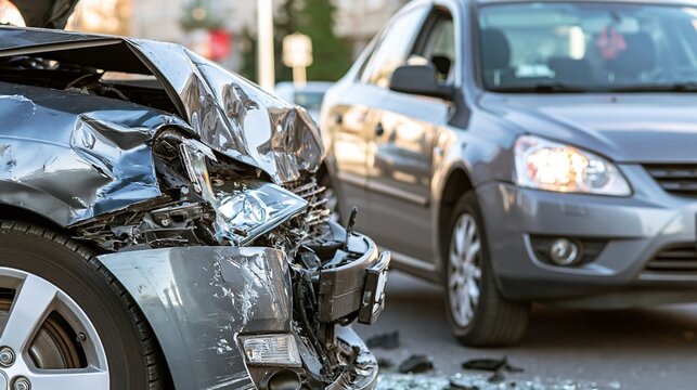 A heavily damaged car with a crushed front end and shattered components stands after a road collision