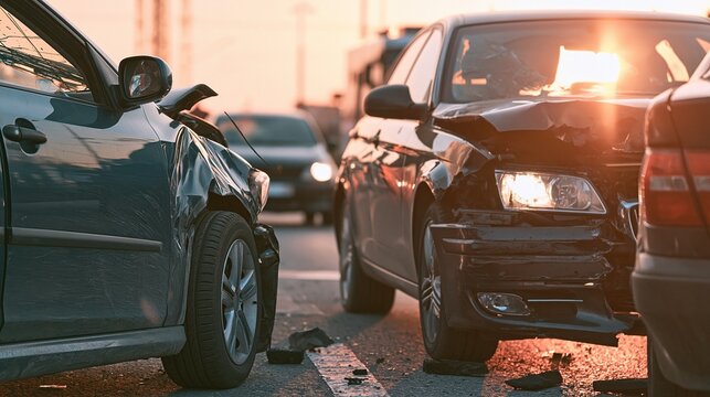 A heavily damaged car with a crushed front end and shattered components stands after a road collision