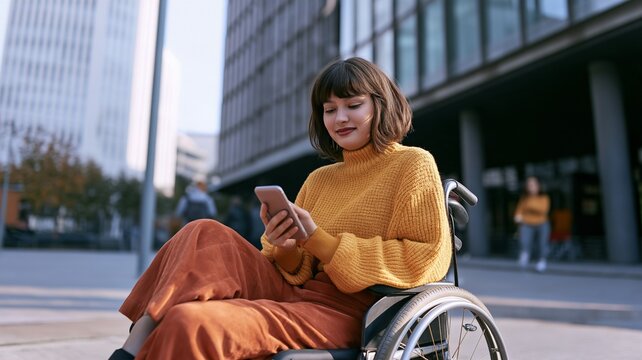 A disabled woman using a smartphone in the city