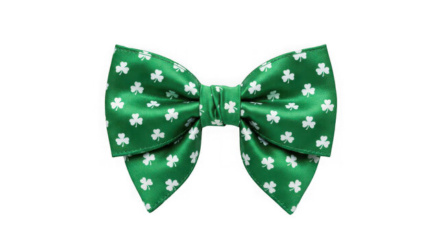 Green bow tie with white shamrock clover pattern isolated on transparent background
