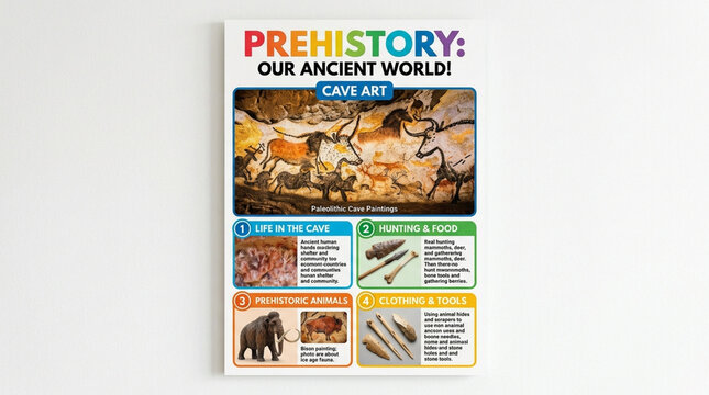 Educational Prehistory Poster of the Ancient World featuring Paleolithic Cave Art Mammoths and Primitive Stone Tools