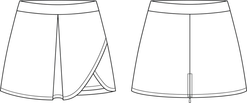 Tulip Skort with Front Slit Technical Flat Sketch Front and Back View Sports Fashion Design Vector