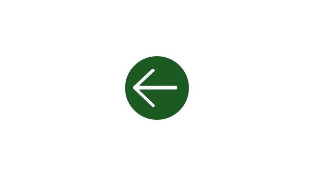 white left arrow icon inside dark green circular button white background animation.