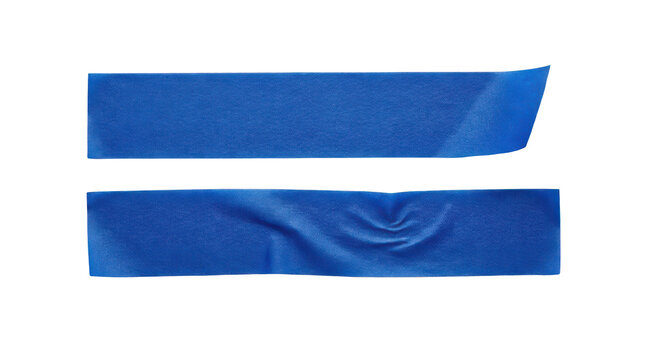 Two pieces of blue adhesive tape, one straight and neat, the other wrinkled and crumpled, isolated on transparent background