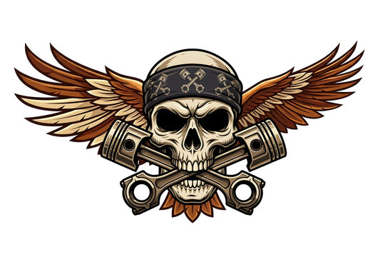 Biker Skull Vector Illustration with Crossed Pistons Bandana and Wings on White Background