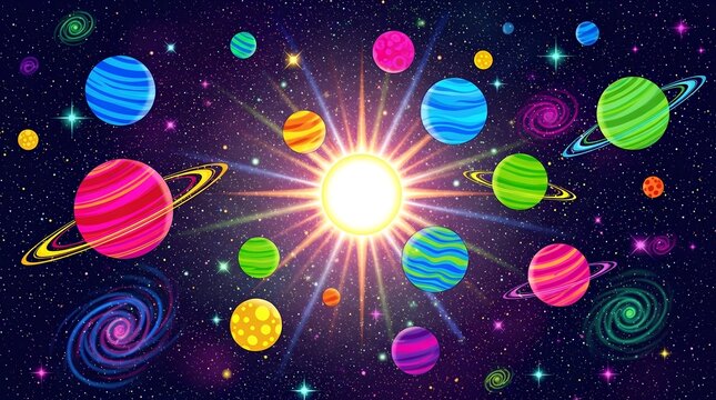Vibrant Colorful Cartoon Solar System Planets Space Landscape Background