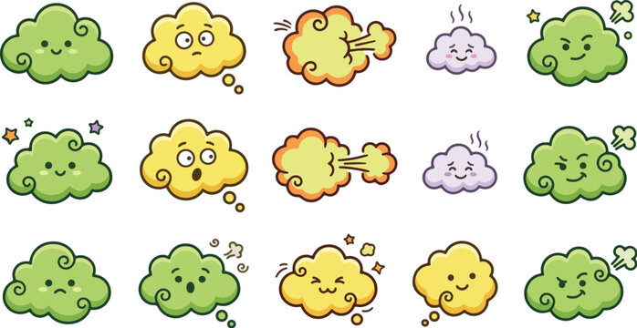 Fart cloud icon set featuring various expressive cartoon clouds with funny faces and wind effects in a doodle style