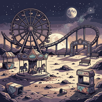Abandoned amusement park in space with carousel and roller coaster, mysterious atmosphere, night sky