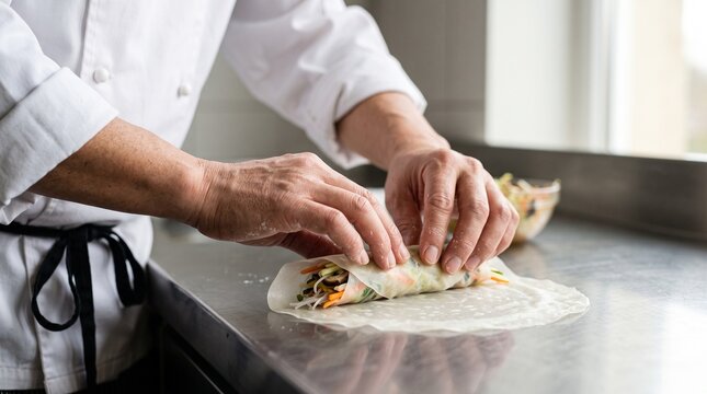 Professional chef preparing spring rolls with fresh herbs and vegetables in modern kitchen workspace