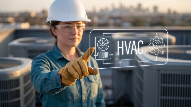 Technician in hard hat touching HVAC interface on rooftop with air conditioning units