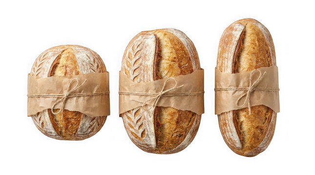 Three loaves of artisan sourdough bread wrapped in brown paper isolated on transparent background
