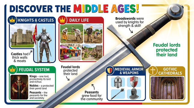 Educational Middle Ages Infographic Featuring Knights Castles and Feudal System