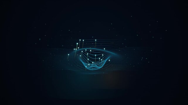 Isometric 3D cyber grid wave loop in neon pink. Features flowing holographic telemetry ribbons, rising glowing bokeh particles, and digital spires. Perfect for cyberpunk HUD overlays, futuristic tech 