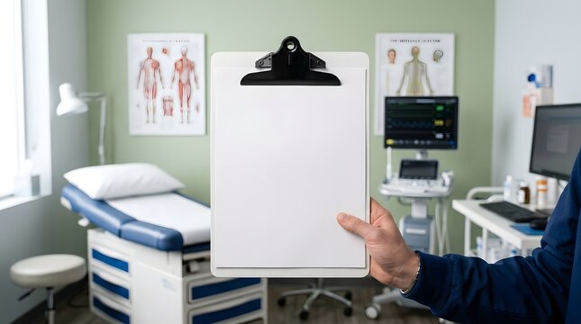 Hand holding a blank white clipboard in a medical examination room with an exam table, anatomical charts, and diagnostic equipment in the background