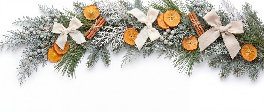 Festive Christmas Banner with Silvery Arizona Cypress Branch Glaucous Isolated on White Background