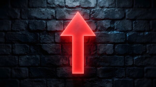 Glowing red neon arrow pointing upwards, centered on a dark textured brick wall background, with soft ambient, lighting and shadows