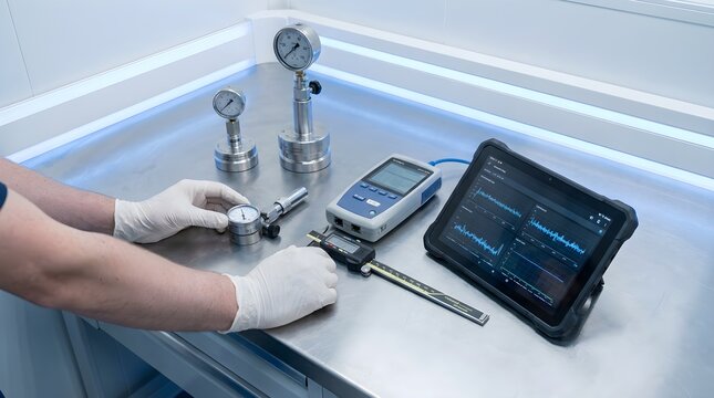 Close-up of technician hands in white gloves calibrating industrial pressure gauges and measuring tools with digital equipment on a metal workbench in a laboratory or factory environment.