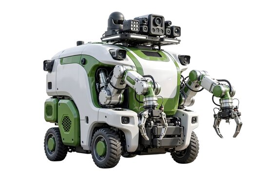 Autonomous agricultural surveillance robot with mechanical manipulator arms and optical camera sensors, smart farming and field inspection technology concept, 3d render isolated on white background