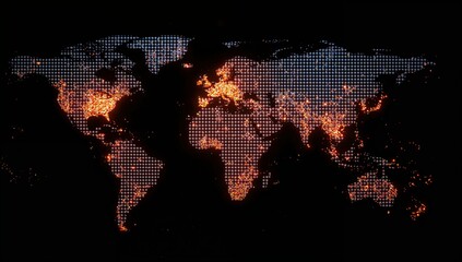 Obraz premium Illuminated World Map with City Lights Depicting Global Urbanization and Nighttime Infrastructure