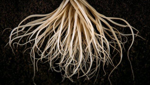 Close-up of a cluster of white roots extending from dark soil background