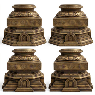 Monumental temple pillar bases with layered stepped plinths, faceted forms, recessed niches and rounded bronze moldings