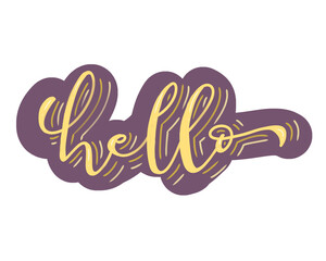 Hello greeting callighraphy yellow text with a little bit purple background hand writing lettering  © Jasmina
