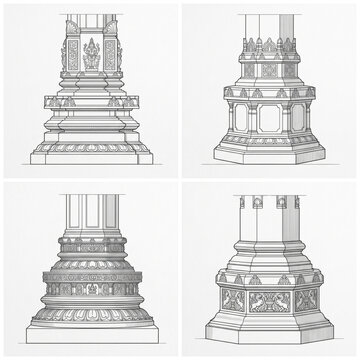 South Indian temple pillar foundation elevation studies with stepped plinths, layered moldings and modular architectural profiles