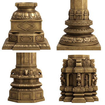 South Indian temple pillar bases with diamond panels, floral bands, carved figures and layered architectural transitions