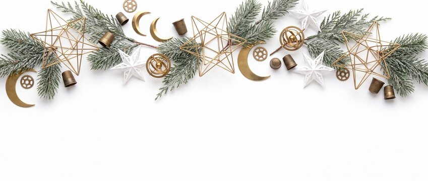 Christmas Banner with Delicate Brass Wireframe Star Polyhedron Faceted Isolated on White Background