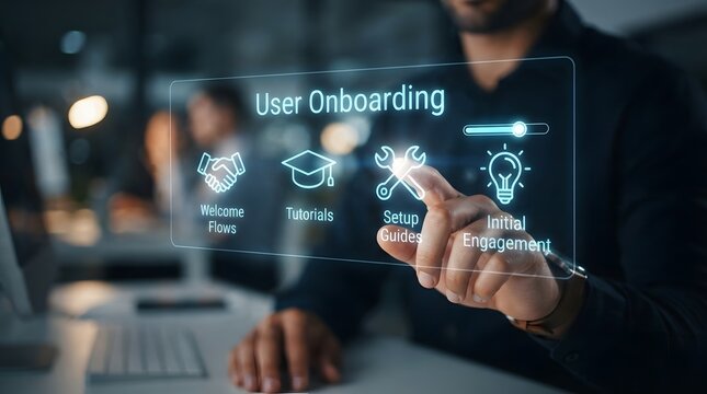 Person touching a glowing digital interface displaying user onboarding setup guides, and progress bars in a dark office environment