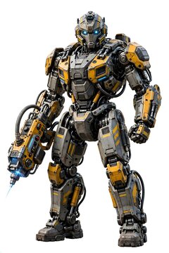 Heavy industrial mining robot mech suit with drill laser arm, futuristic construction and automated machinery concept, full body 3d render isolated on white background