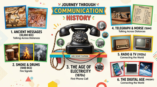 History of Communication Infographic: Timeline from Ancient Cave Paintings to Digital Smartphone Age