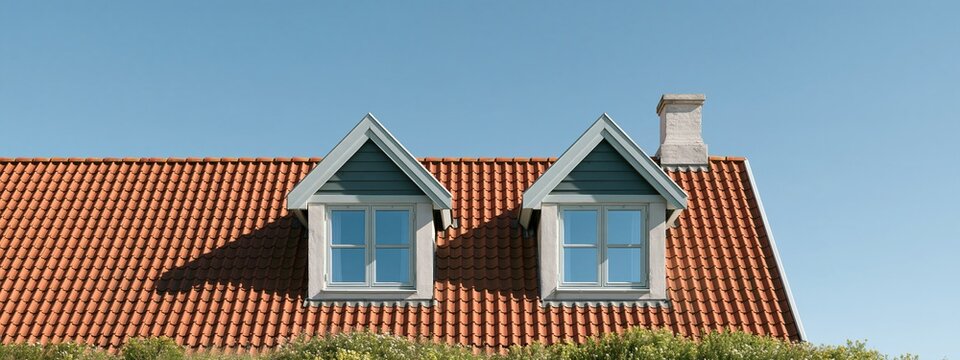 Red tile roof with twin dormer windows and chimney under clear sky