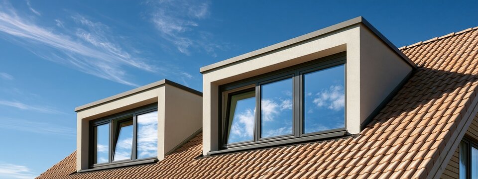 Modern dormer windows on a tiled roof under a bright blue sky daylight