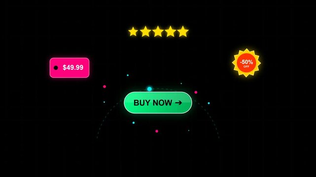 Animated glowing buy now button with price tag and sale offer on a dark background