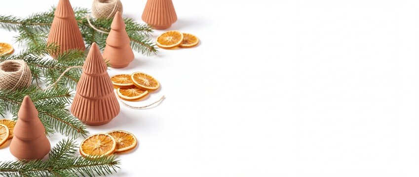 Festive Holiday Banner with Sculptural Terracotta Christmas Tree Cone Isolated on White Background