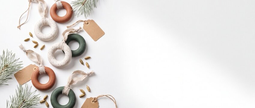 Festive Holiday Banner with Speckled Stoneware Donut Wreath Ornaments Isolated on White Background
