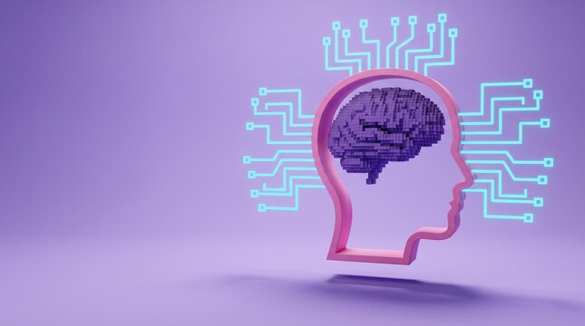 Voxel brain inside a human head silhouette with glowing digital circuits on purple background with head outline