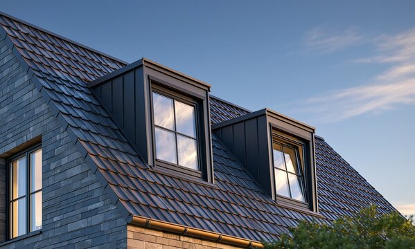 Modern roof with dormer windows and slate tiles against blue sky view
