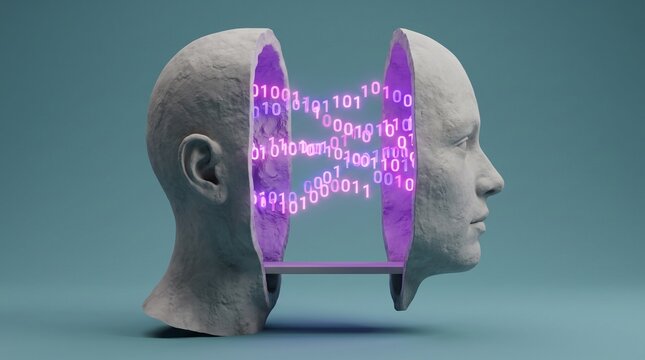 Split stone human head sculpture with glowing digital binary code between the two halves with glowing purple