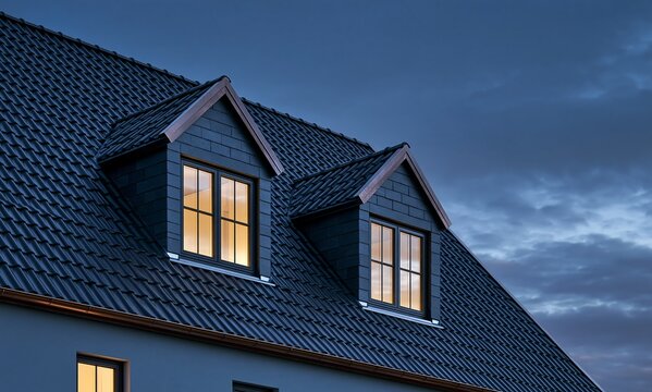 Modern house roof with attic dormer windows glowing at dusk blue hour