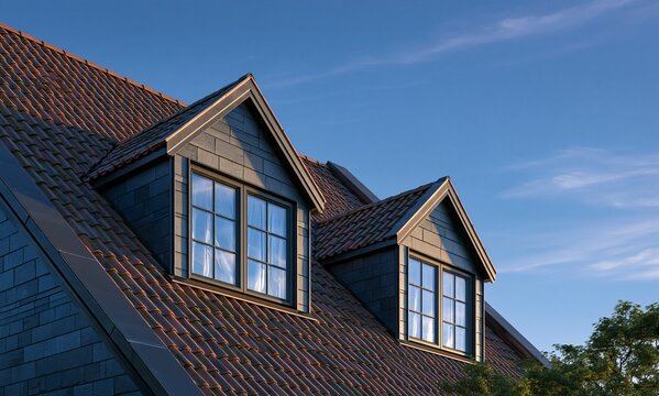 Modern house roof with dormer windows against blue sky during sunny day